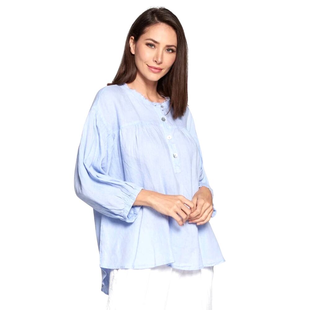 Pure Match 100% Linen Oversized Poet Blouse Blue Coastal Cottagecore Top